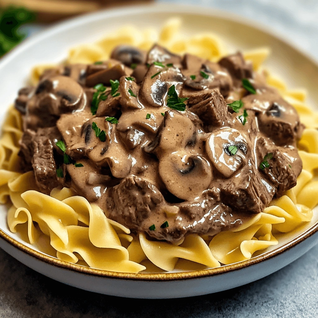 Beef tips in creamy sauce with mushrooms and parsley on egg noodles.