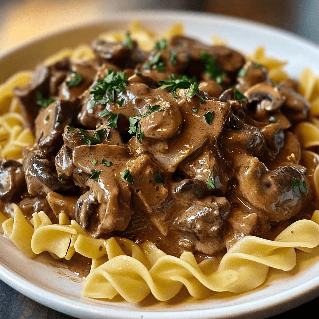 Closeup of beef tips and noodles in a creamy sauce with mushrooms.