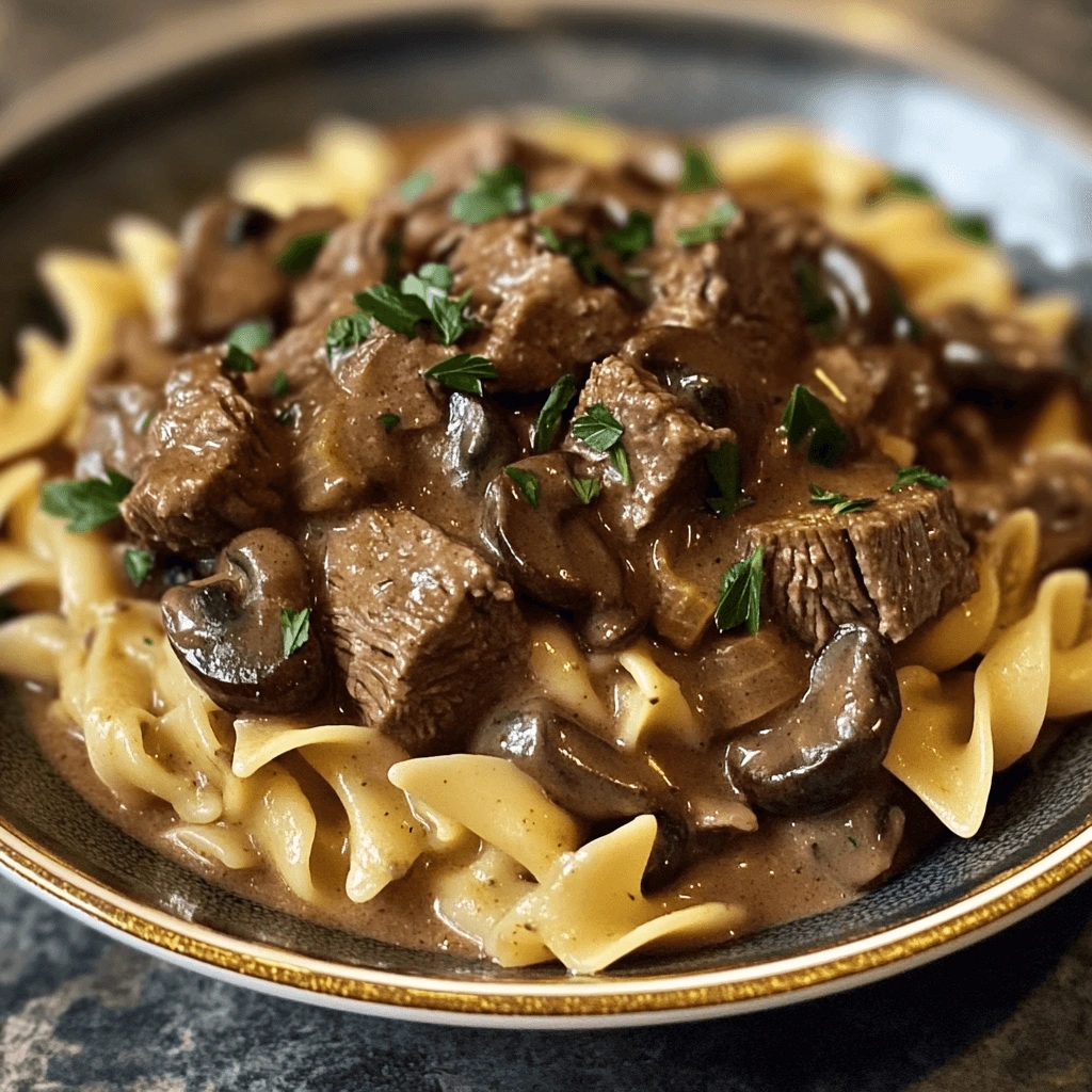 A bowl of beef tips and noodles in a rich mushroom sauce, garnished with herbs.