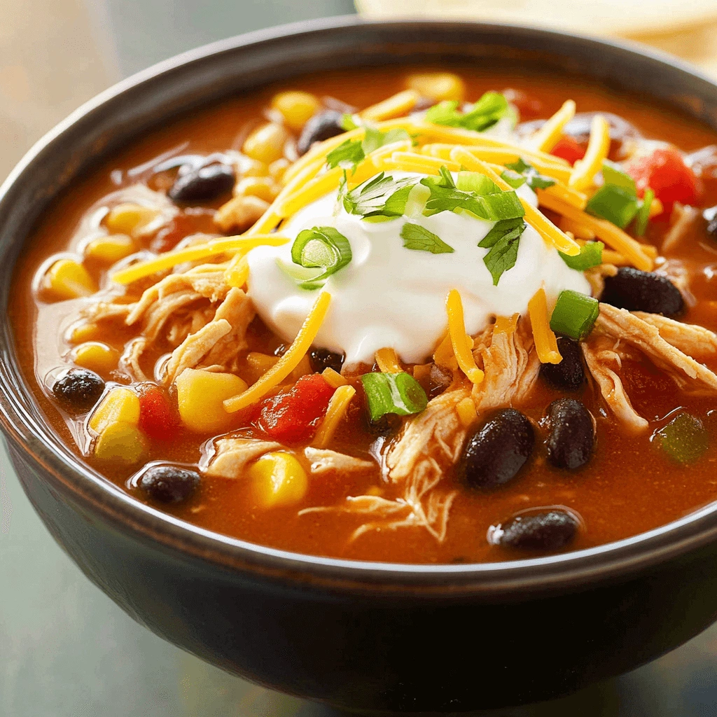 Delicious and rich taco soup served in a gray bowl, featuring shredded chicken, black beans, corn, and a tomato-based broth, finished with sour cream and cilantro.