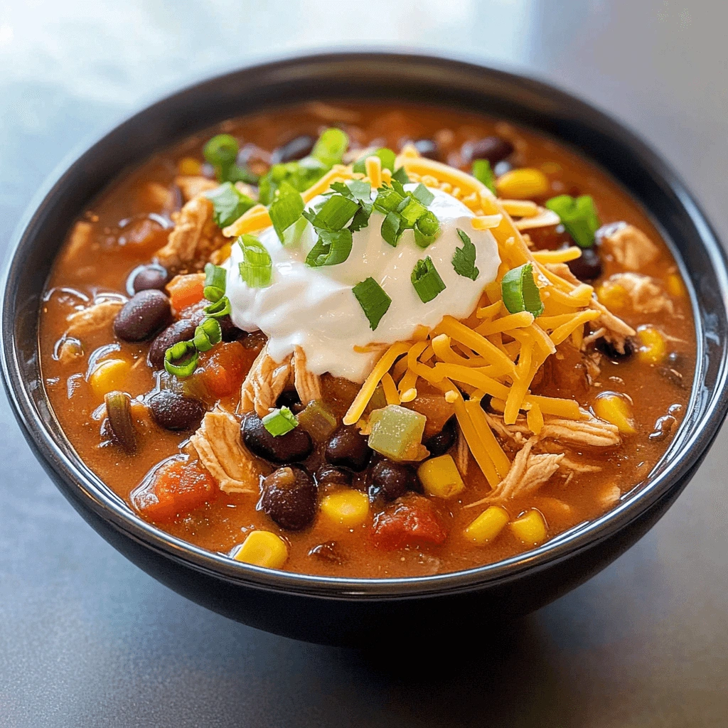 Close-up of a warm and comforting taco soup filled with tender shredded chicken, beans, corn, and tomatoes, garnished with sour cream, cheese, and green onions.