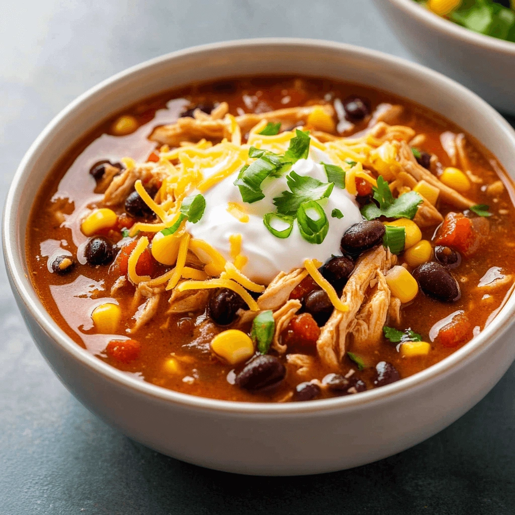 A hearty bowl of chicken taco soup with black beans, corn, diced tomatoes, and shredded chicken, topped with sour cream, shredded cheese, and fresh cilantro.