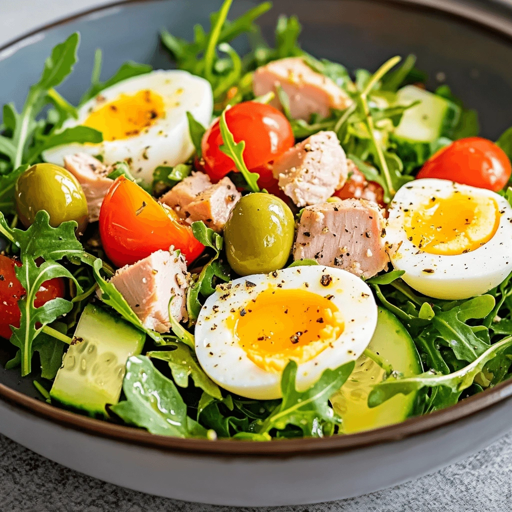 Delicious bowl of arugula salad with tuna, olives, cucumber, and eggs seasoned with black pepper.