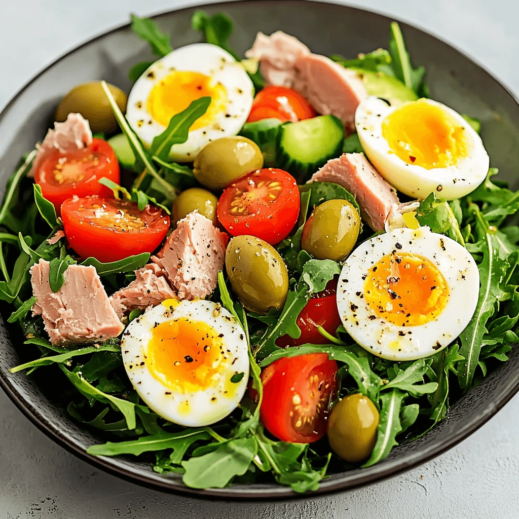 Colorful and healthy salad featuring eggs, tuna, arugula, and juicy cherry tomatoes.