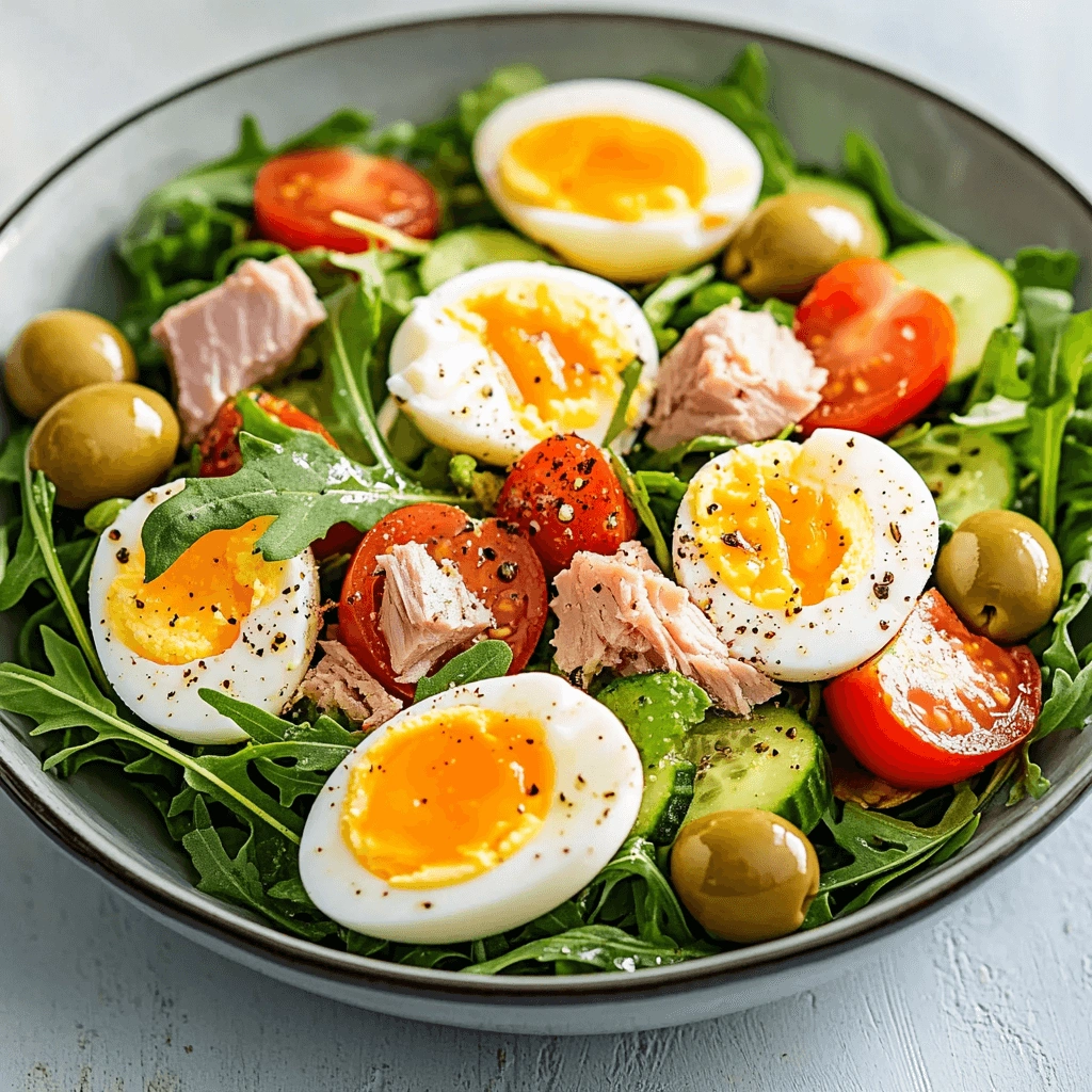 Close-up of a fresh and nutritious salad with eggs, tomatoes, olives, and greens.