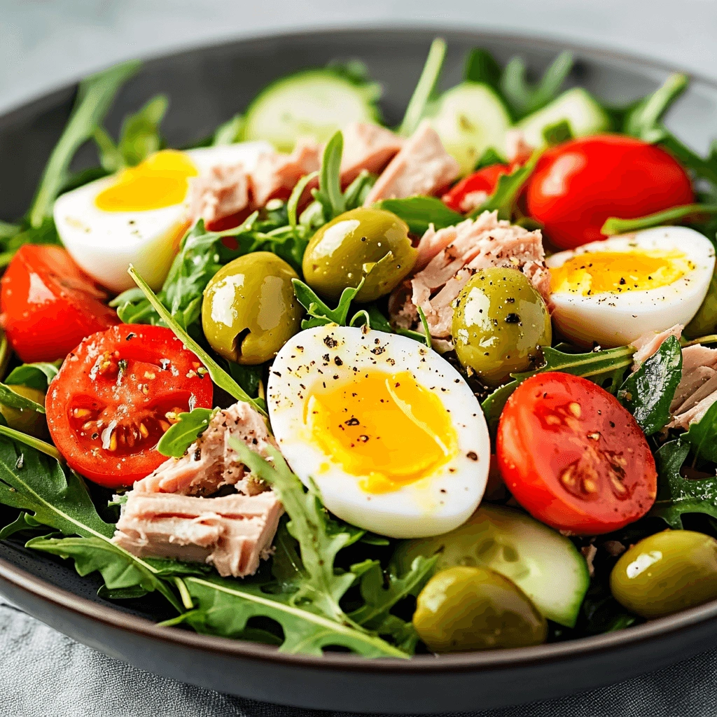 Mediterranean salad with soft-boiled eggs, cherry tomatoes, green olives, and arugula leaves.