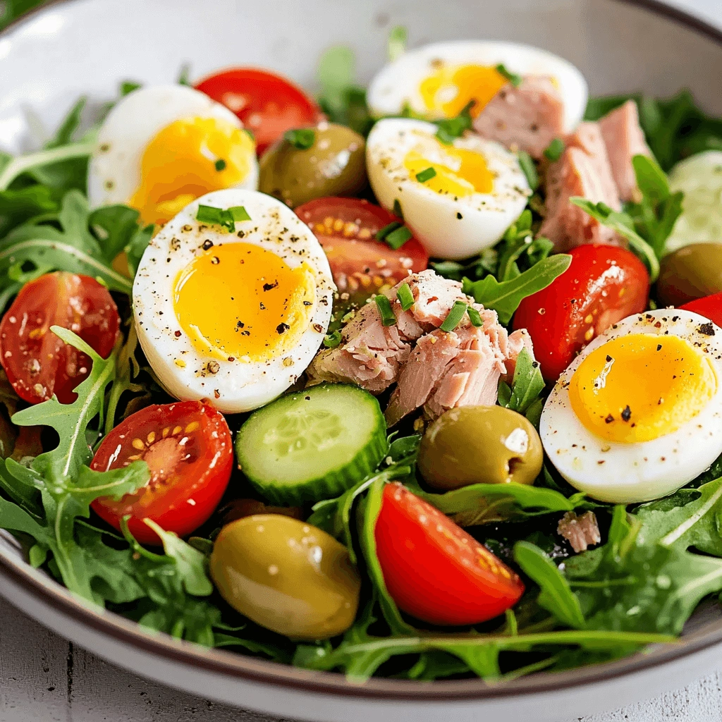 Fresh Mediterranean-style salad with boiled eggs, tomatoes, olives, and leafy greens in a black bowl.