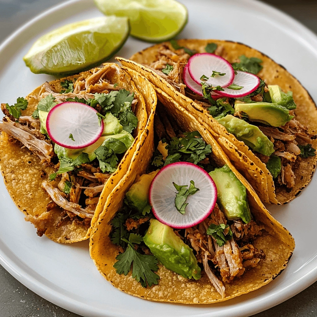 Corn tortillas filled with carnitas, avocado, radish, and cilantro.
