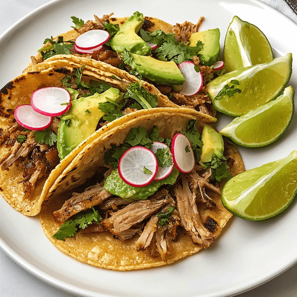 Closeup of carnitas tacos with fresh toppings and lime wedges.