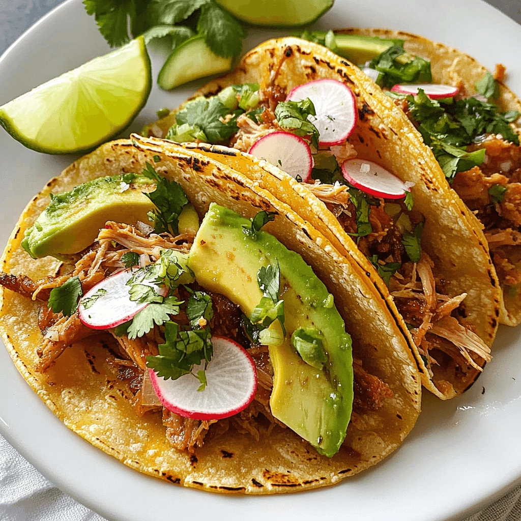 Tacos with carnitas, avocado, radishes, cilantro, and lime on a plate.
