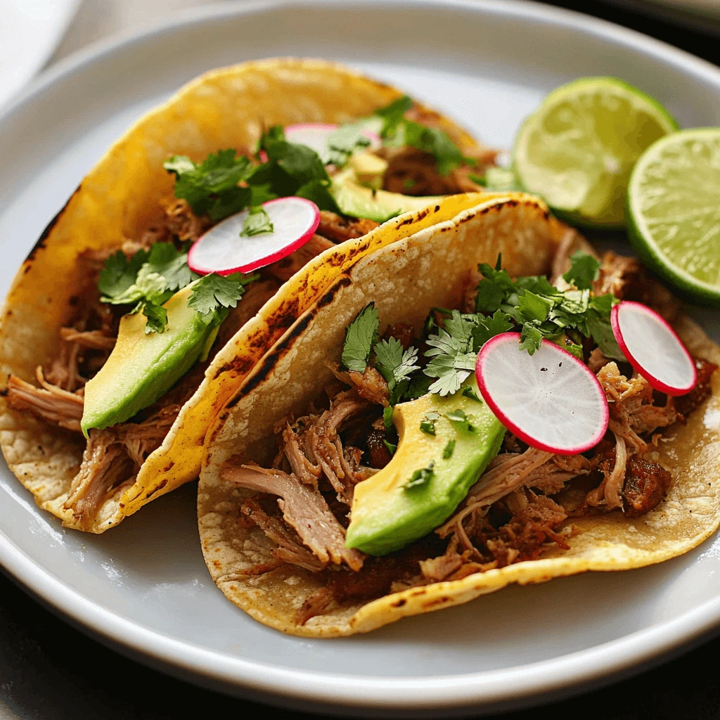 Shredded carnitas tacos with fresh toppings on a plate.