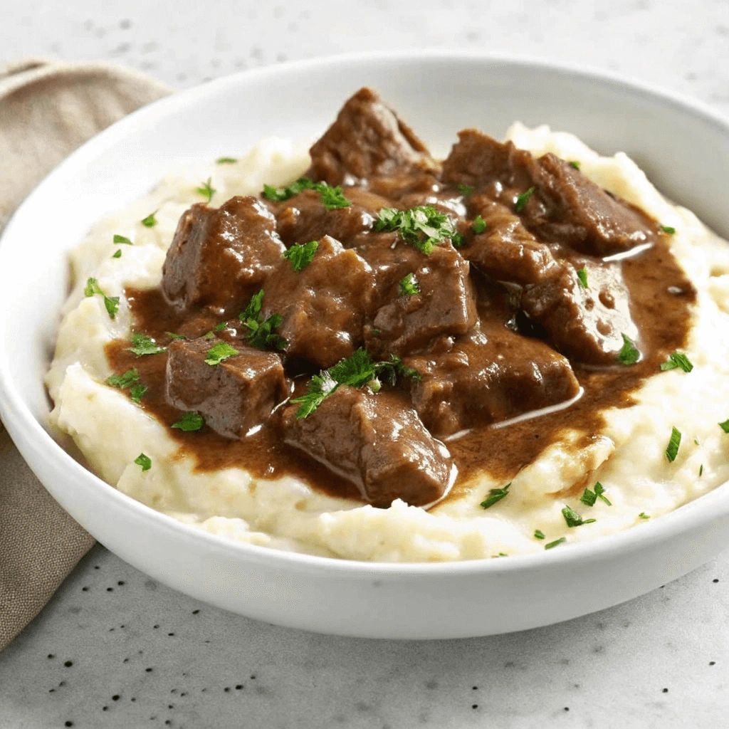Beef tips in a glossy gravy served with mashed potatoes, sprinkled with fresh parsley.