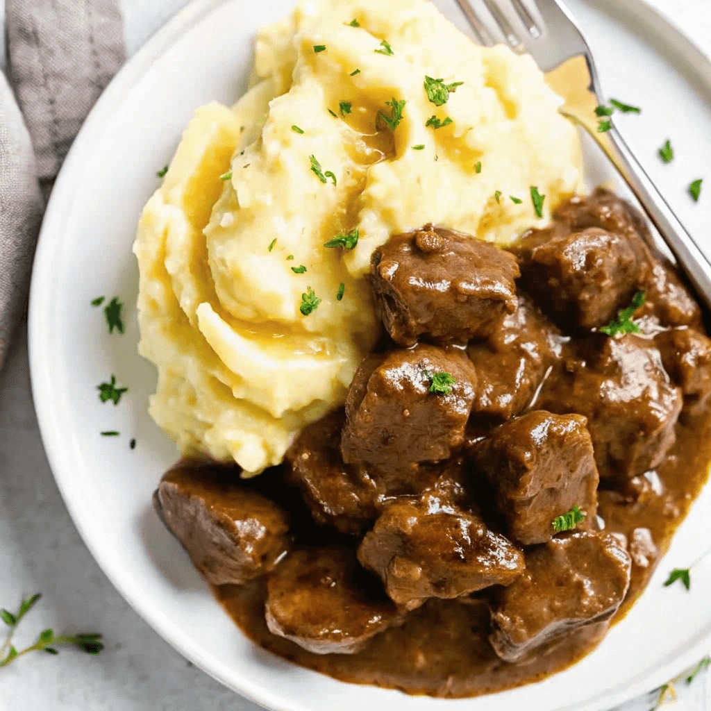 A savory dish of beef tips and mashed potatoes topped with fresh parsley.
