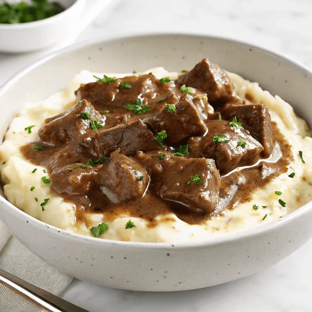 Plate of beef tips with brown gravy and mashed potatoes garnished with parsley.