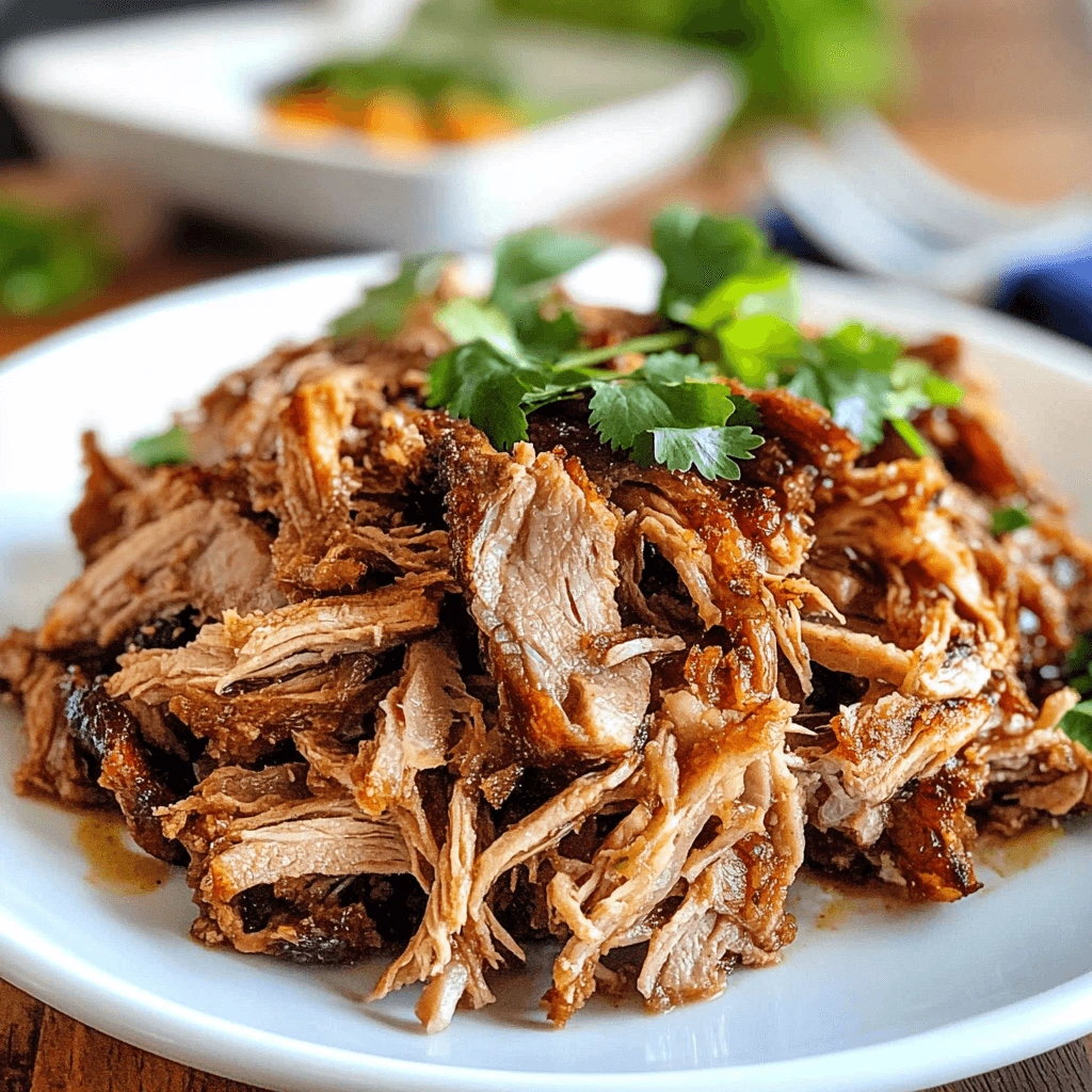 Freshly cooked carnitas garnished with cilantro on a white dish, blurred greenery in the background.