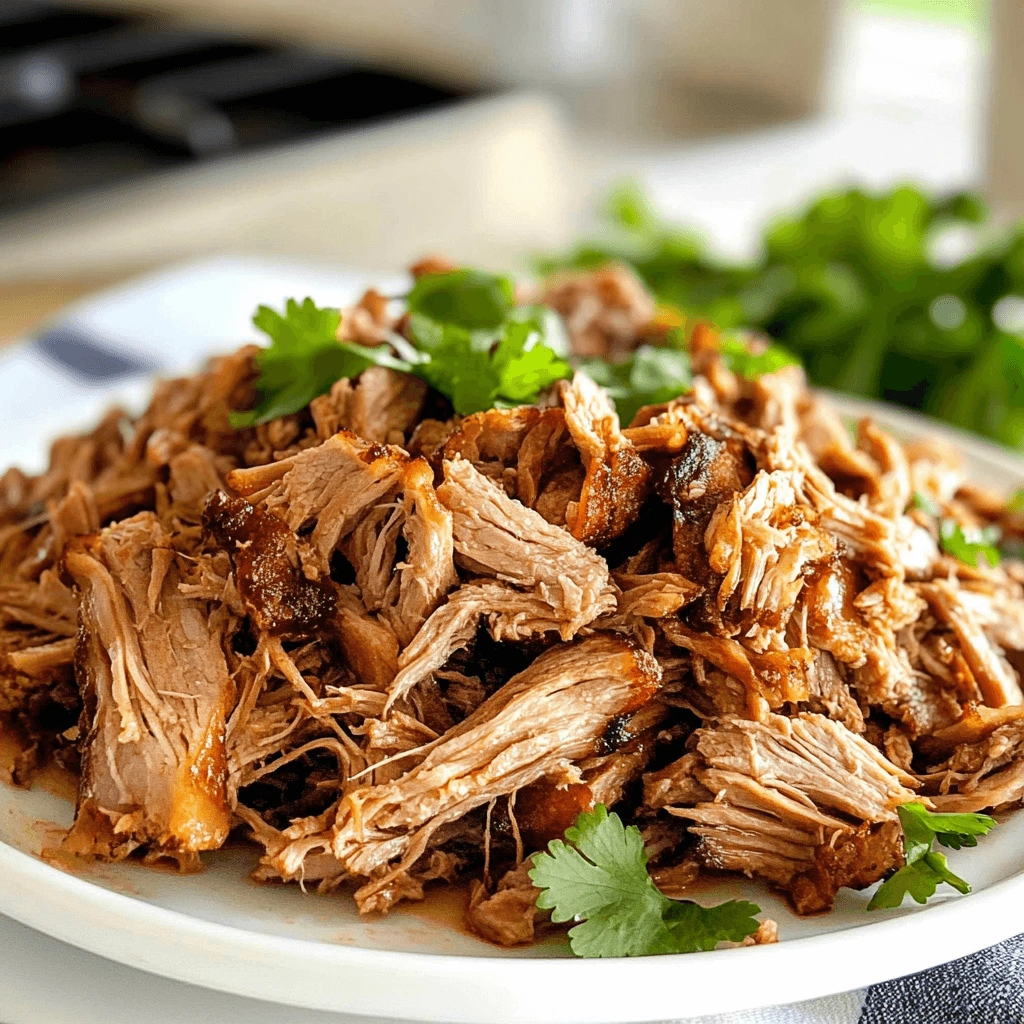 Shredded caramelized carnitas served with cilantro on a white plate in a bright kitchen.
