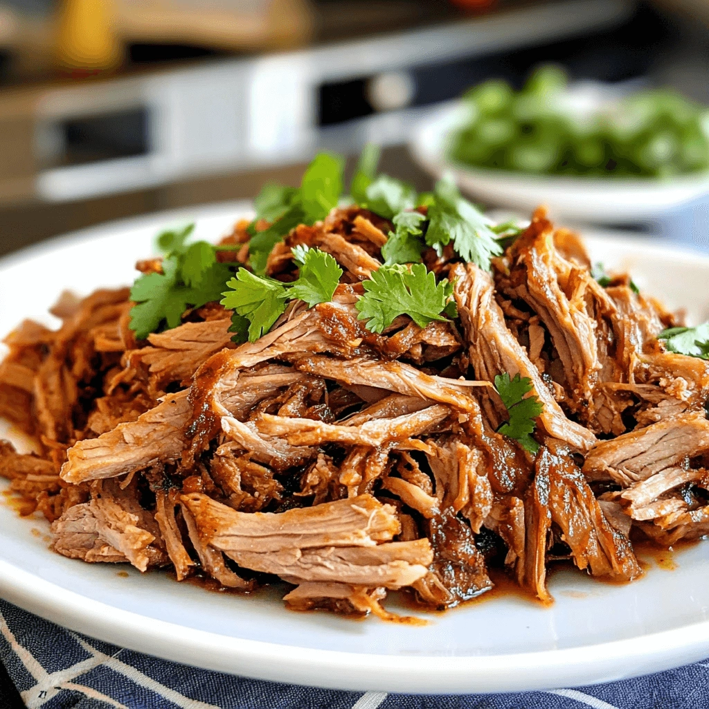 Tender and golden carnitas with cilantro on a plate, with a bright and clean kitchen setting.