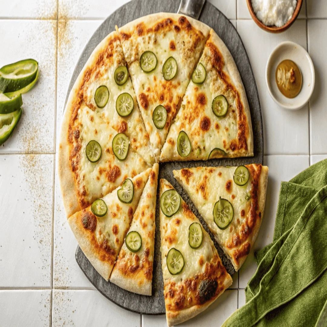 A rustic-style pickle pizza featuring a bubbly crust, melted cheese, and tangy pickle slices, styled with fresh herbs and sauces.