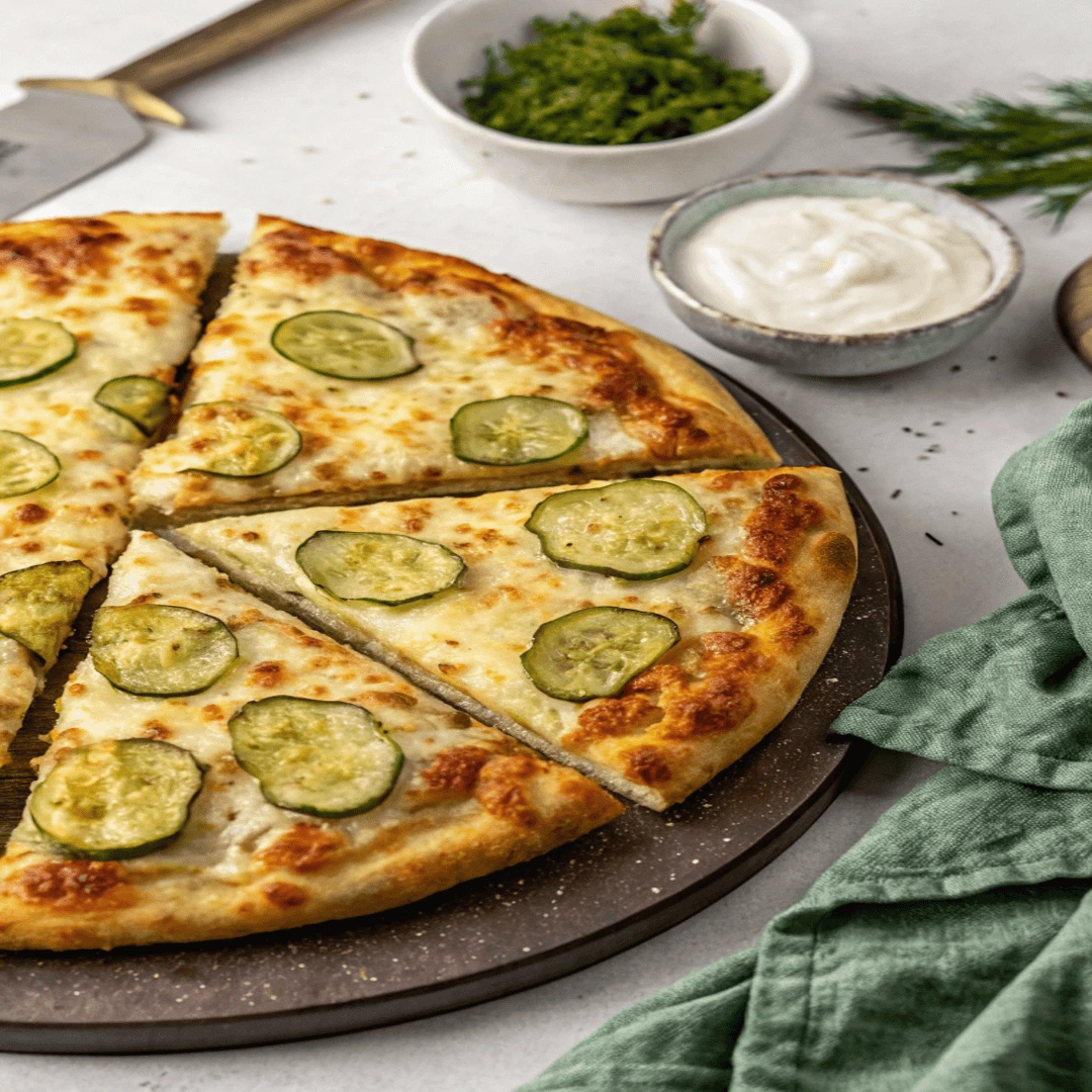 Close-up of a freshly baked pickle pizza topped with melted cheese and sliced pickles, accompanied by fresh herbs and dipping sauces.