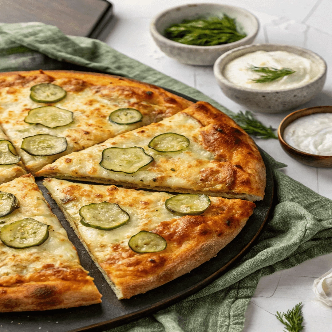 A golden-brown pickle pizza with melted cheese and sliced pickles, served on a wooden board with garnishes and a green napkin.