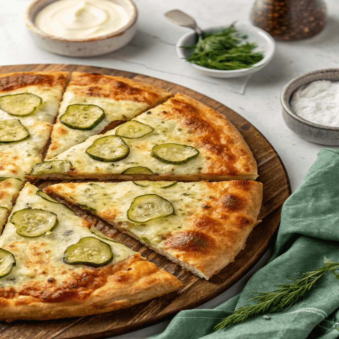 Top-down view of a cheesy pickle pizza, served with sides of dill, dipping sauces, and a green cloth for decoration.