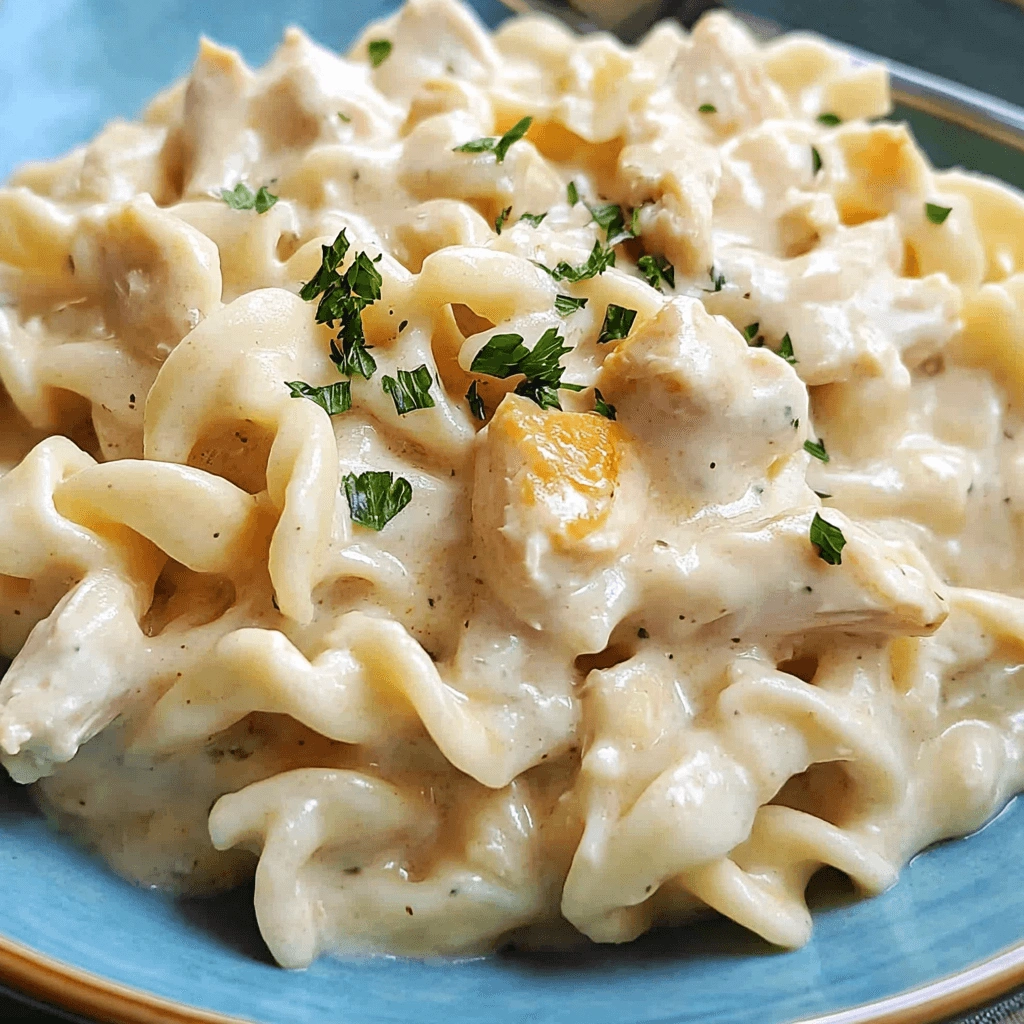 Creamy chicken pasta garnished with parsley in a blue bowl.