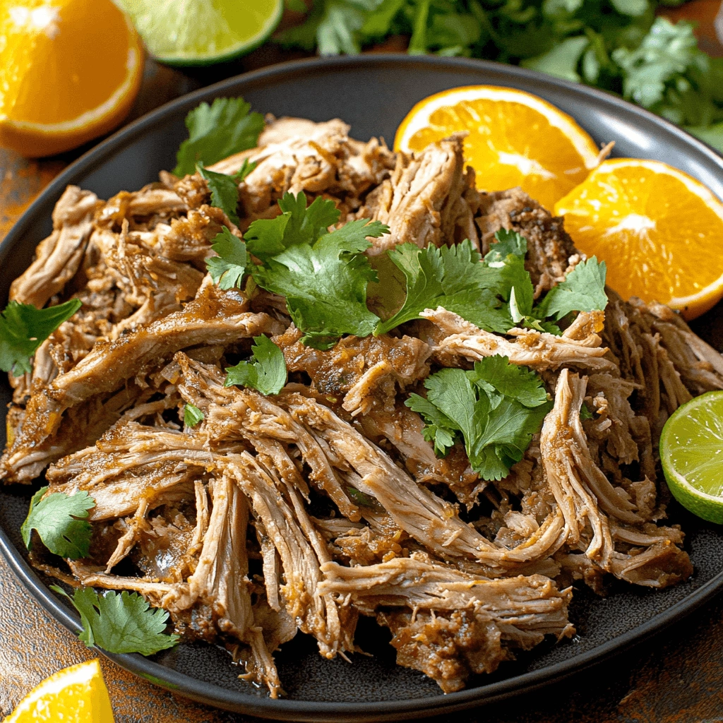 Shredded carnitas with cilantro and orange slices on a white plate.