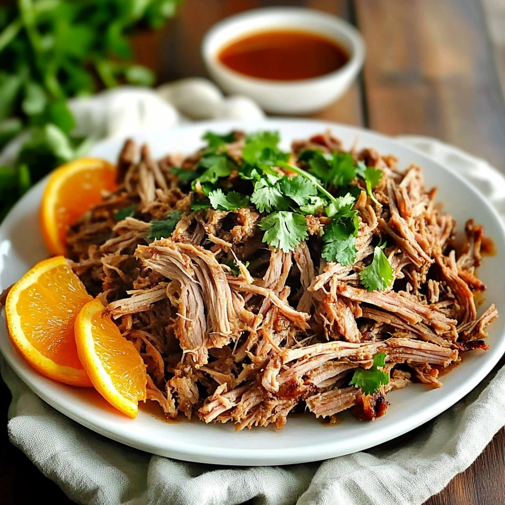 Shredded carnitas served with fresh herbs and citrus on a white plate.