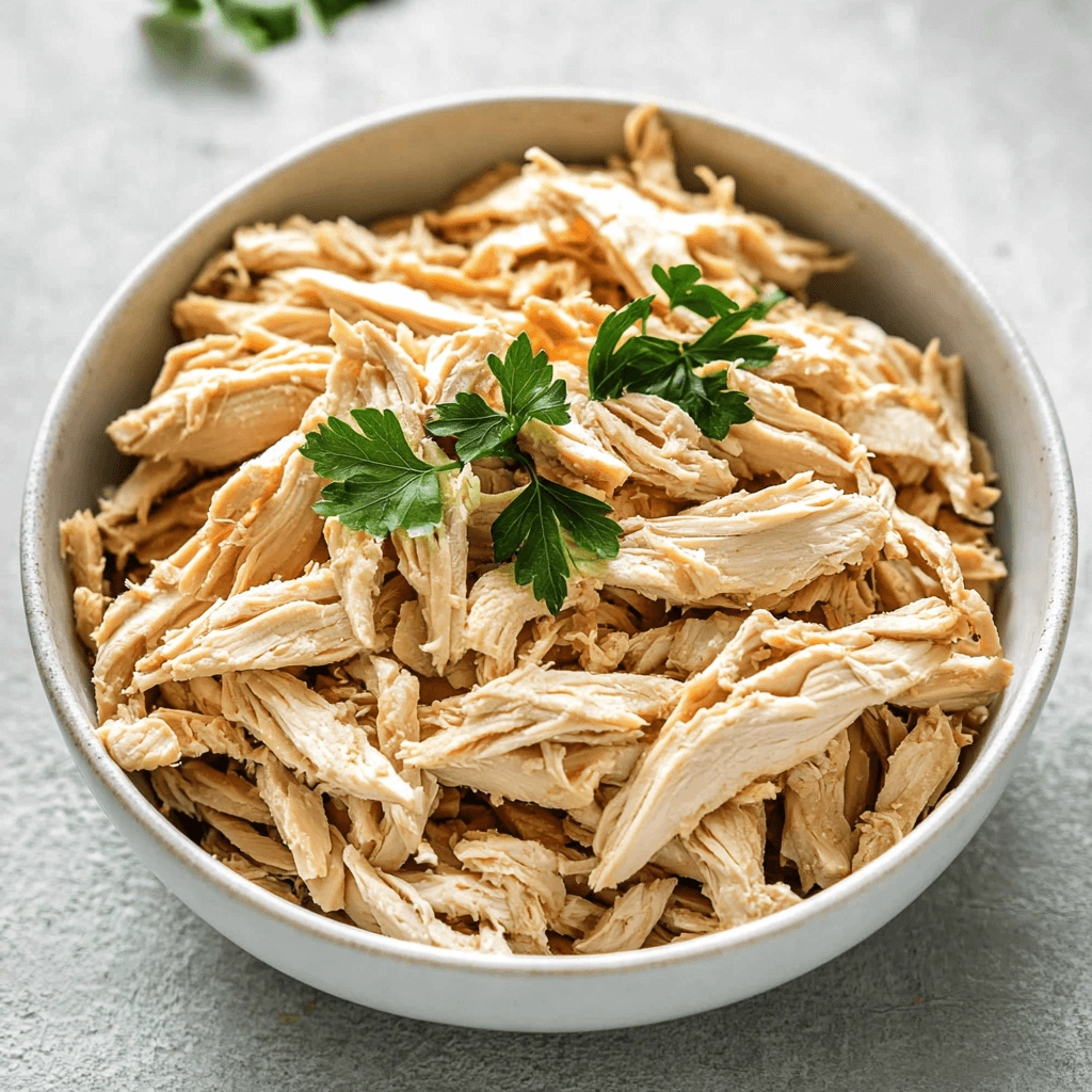 Juicy shredded chicken garnished with herbs, ideal for meals.