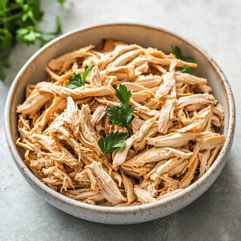 Golden-brown shredded chicken infused with herbs and spices.