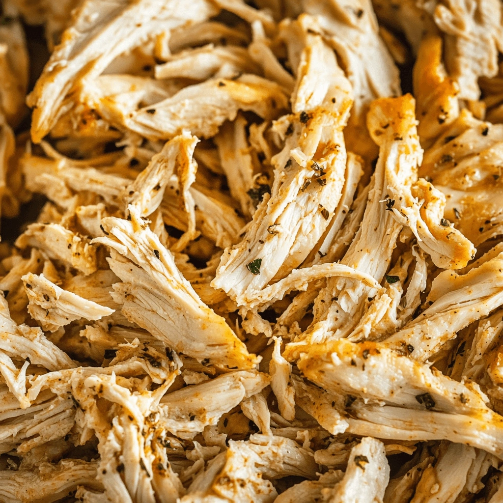 Tender shredded chicken with visible seasoning for added taste.