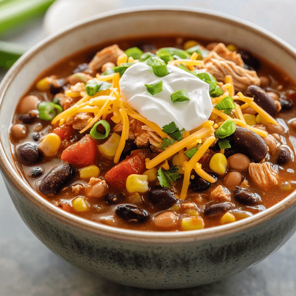 A bowl of chicken chili with beans, corn, and tomatoes, topped with sour cream, shredded cheese, and green onions.