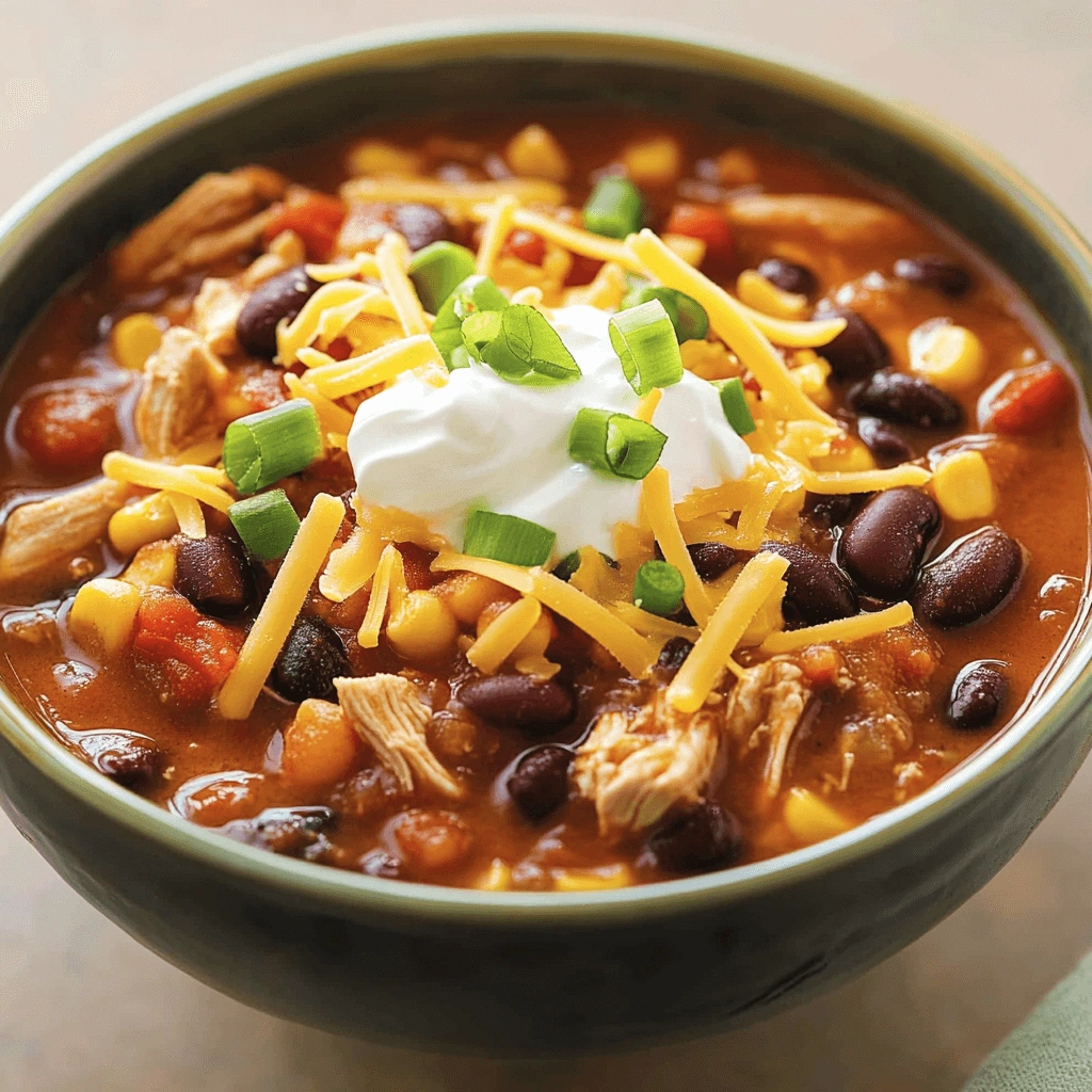 Hearty chicken chili served in a ceramic bowl, garnished with cheddar cheese, sour cream, and fresh green onions.
