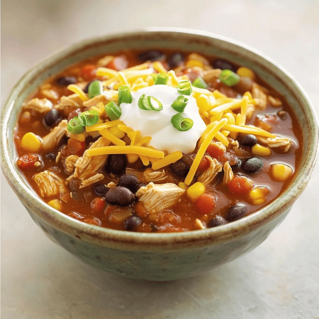 Comforting chicken chili filled with black beans, pinto beans, corn, and tomatoes, with creamy toppings.