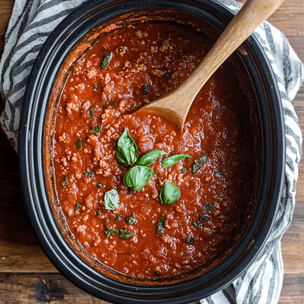 Rich spaghetti sauce in a crockpot with fresh basil leaves and a wooden spoon.