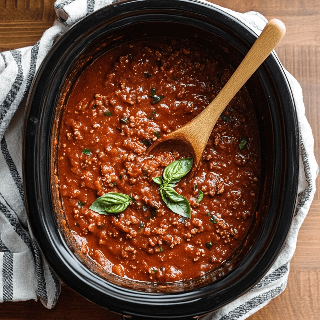 Thick and hearty spaghetti sauce in a crockpot, ready to serve.