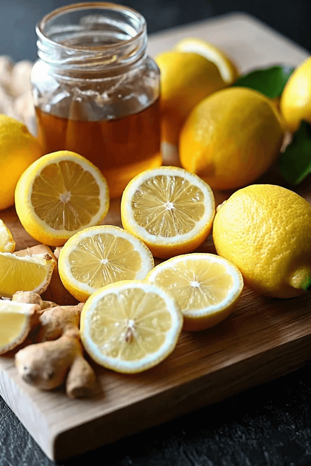 Golden-hued herbal drink served in a vintage crystal glass, filled with ice cubes, fresh lemon wedges, and a sprig of mint, surrounded by natural ingredients like ginger and citrus fruits.