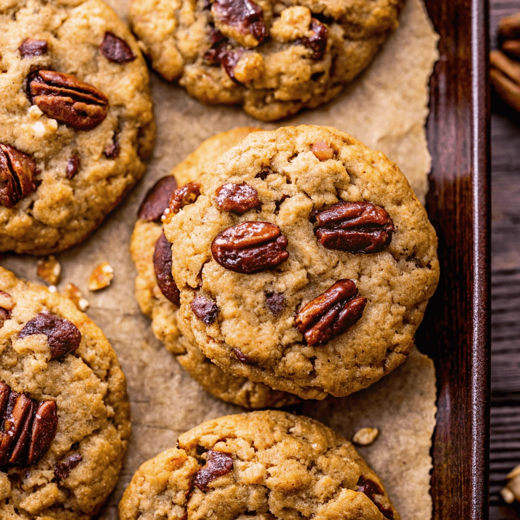Close-up of freshly baked cowboy cookies with golden-brown edges, crunchy pecans, and chocolate chips, resting on a parchment-lined baking sheet.