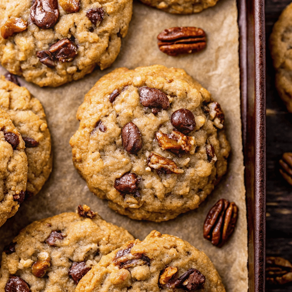 Golden-brown cowboy cookies loaded with pecans and chocolate chips, perfectly baked and slightly crumbly, ready to be enjoyed.