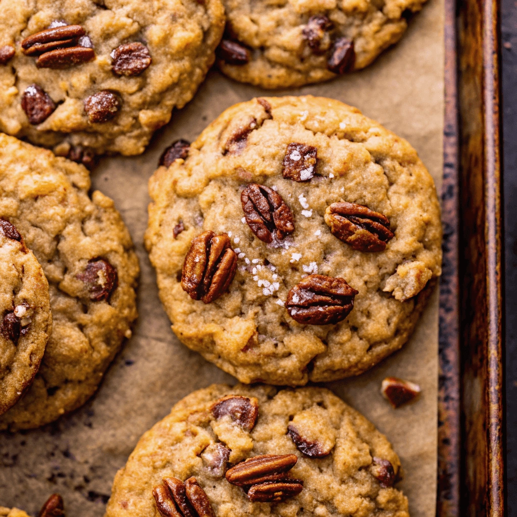 A batch of homemade pecan chocolate chip cookies with a soft, chewy texture, slightly cracked surface, and a dusting of flour, served on a rustic tray.