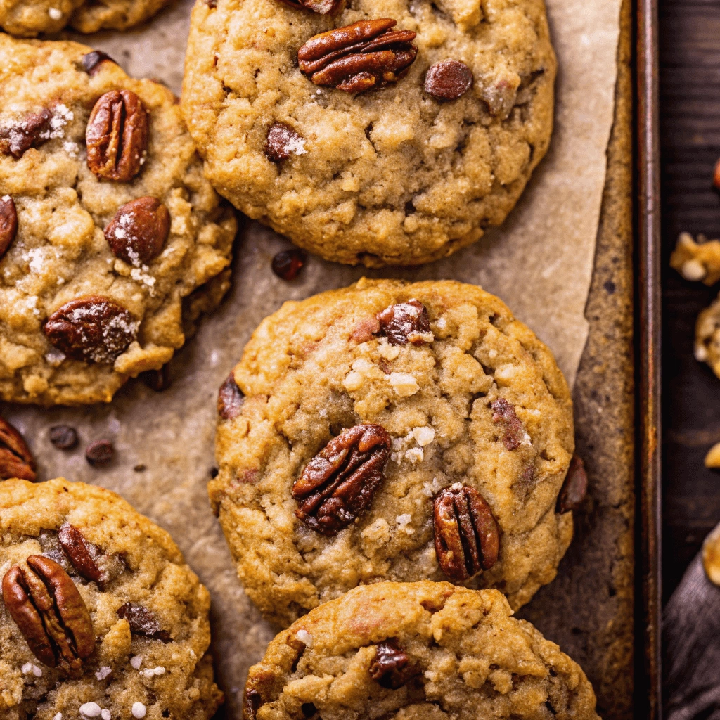 Warm and crispy oatmeal pecan cookies, rich in texture with visible nuts and chocolate chunks, displayed on a baking sheet with parchment paper.