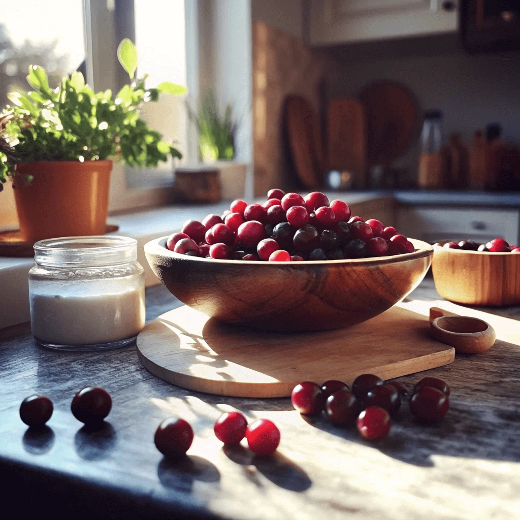 A cozy afternoon treat featuring rich, dark berry compote topped with a swirl of whipped cream, bathed in warm natural light from a nearby window, with rustic wooden elements enhancing the aesthetic.