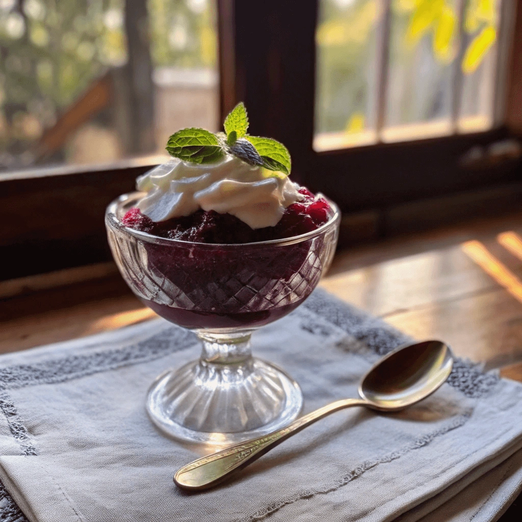 A vintage glass dessert cup filled with deep red chokecherry pudding, topped with fresh whipped cream and garnished with a sprig of mint, placed on a rustic wooden table near a sunlit window.
