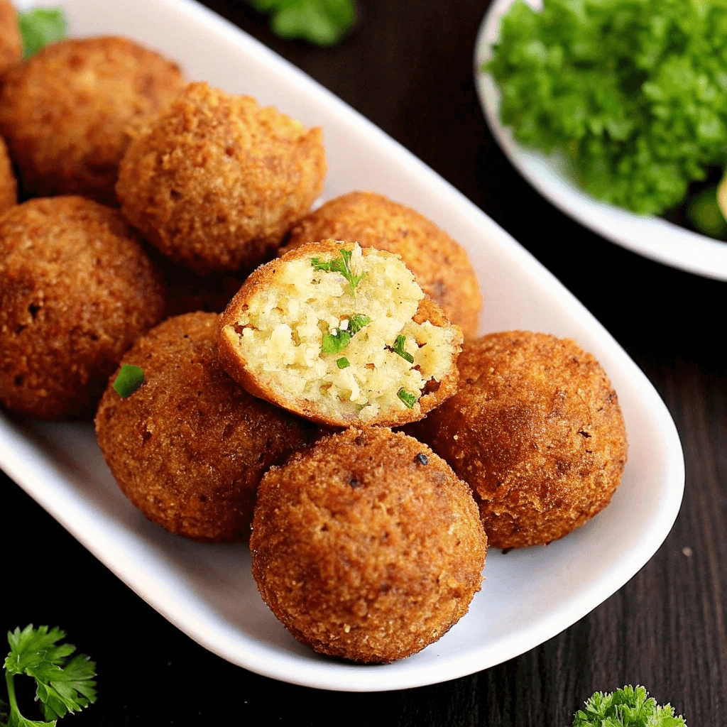 Crispy falafel balls served on a dish, one broken open to display the light, airy texture inside, garnished with parsley for freshness.