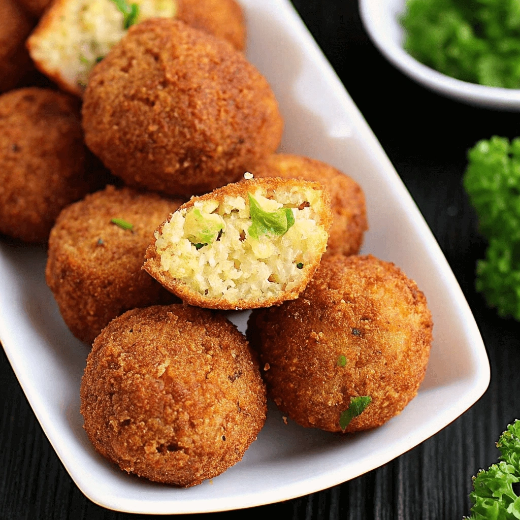 Close-up of deep-fried falafel balls on a white plate, showing a crunchy exterior and a moist, fluffy inside with flecks of green parsley.