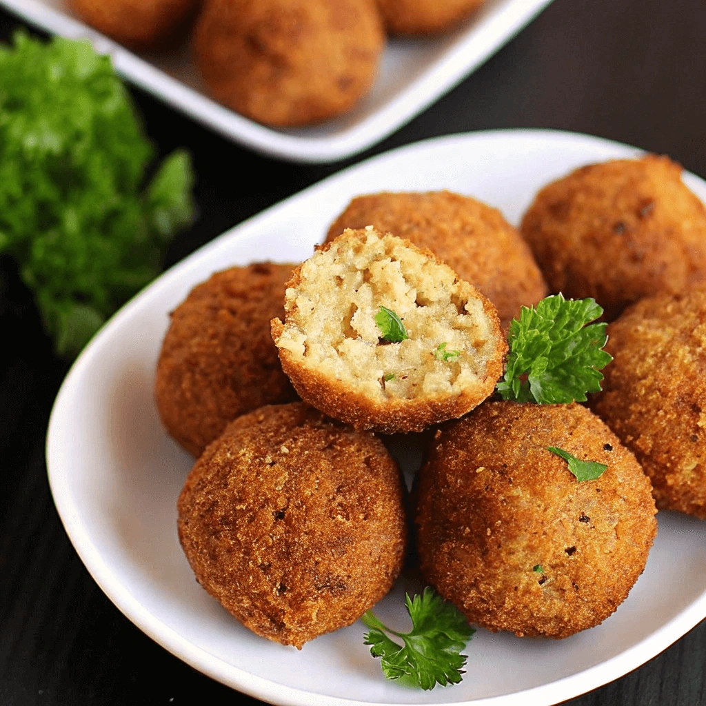 A plate of golden-brown, crispy falafel balls garnished with fresh parsley, with one falafel cut in half revealing a soft, herb-filled interior.