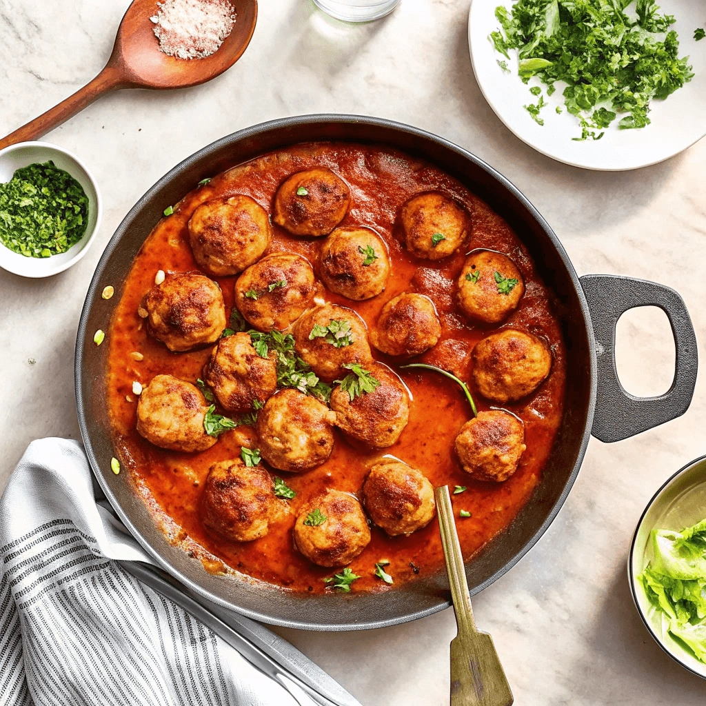 A skillet filled with golden-brown turkey meatballs simmering in a rich, red tomato sauce, garnished with fresh parsley, with a spoon lifting one meatball.