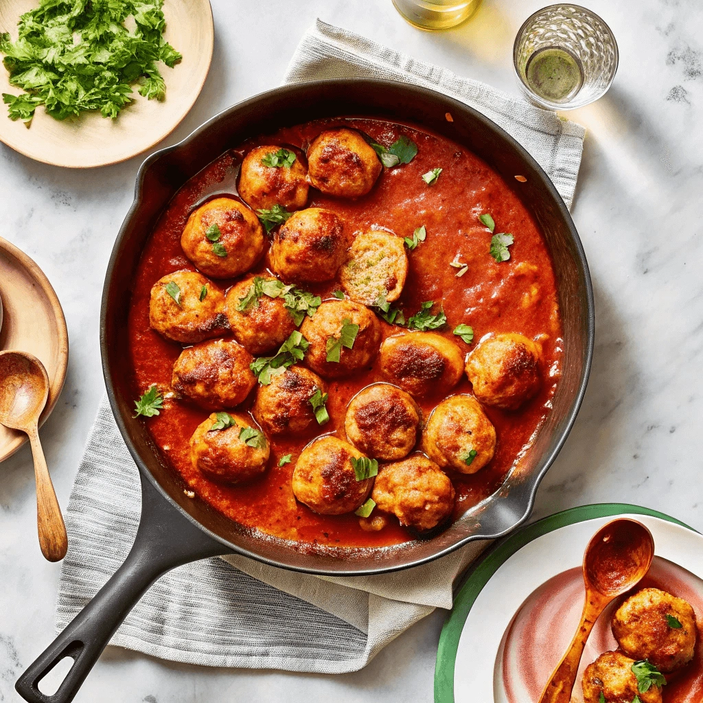 Juicy, browned meatballs cooked in a thick, vibrant tomato sauce, served in a black skillet with a pink napkin and side dishes around it.