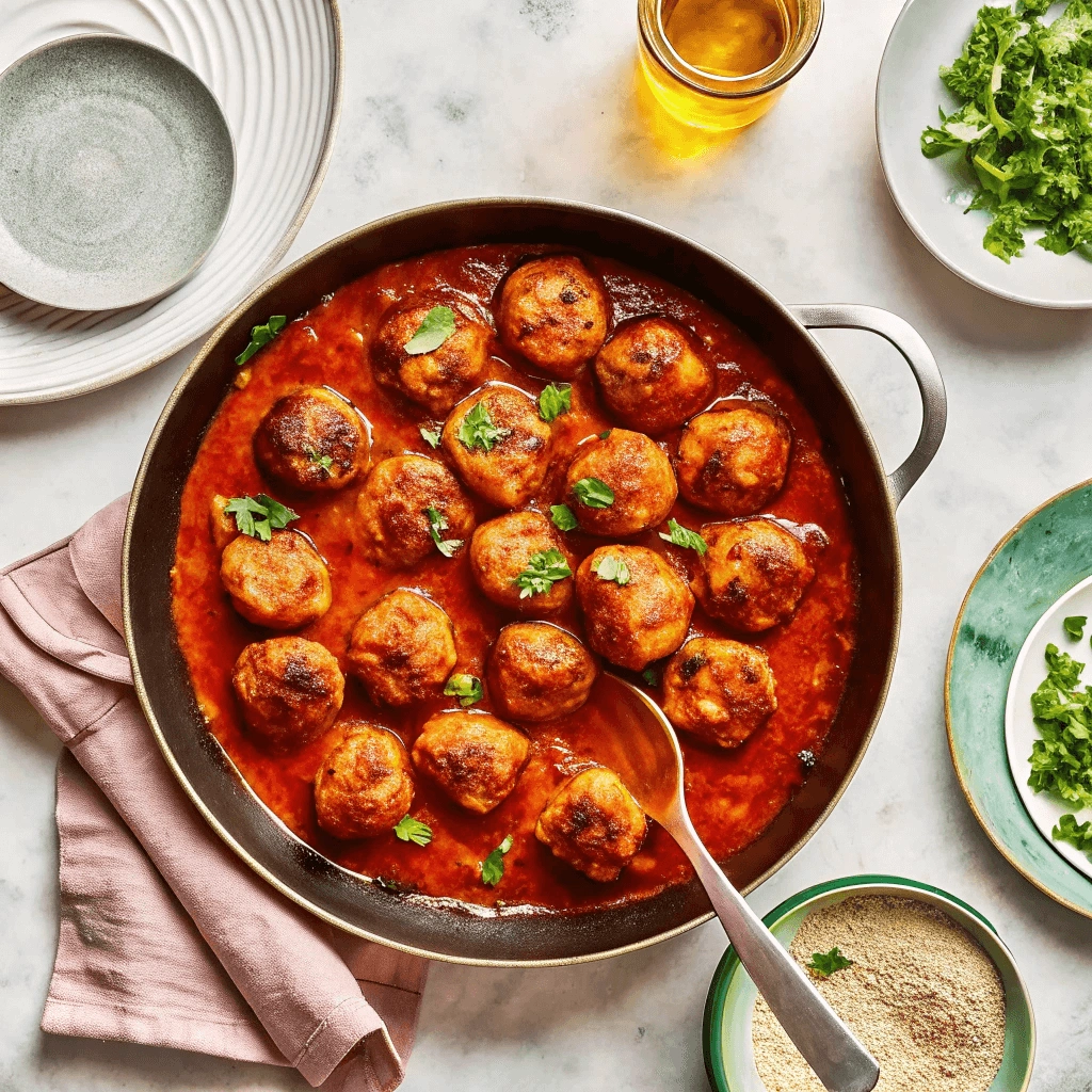 A delicious serving of turkey meatballs in marinara sauce, garnished with fresh herbs, with a spoon scooping one meatball from the skillet.