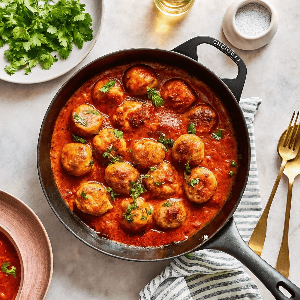 Top-down view of a pan of homemade meatballs in tomato sauce, surrounded by plates, a glass of oil, chopped parsley, and breadcrumbs on a white marble surface.